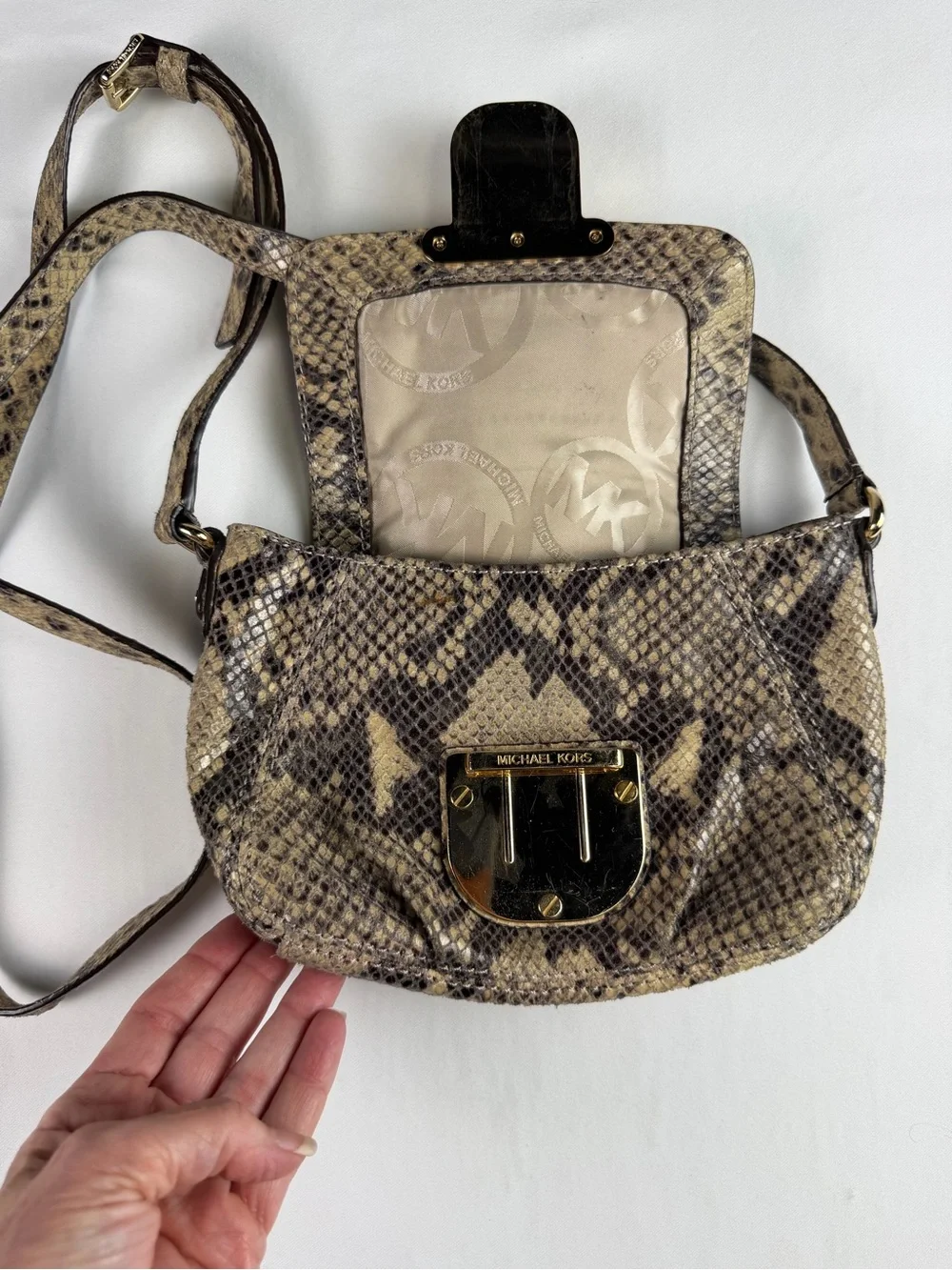 Michael Kors Snake-Print Crossbody in Beige and Brown with Gold Hardware Classy